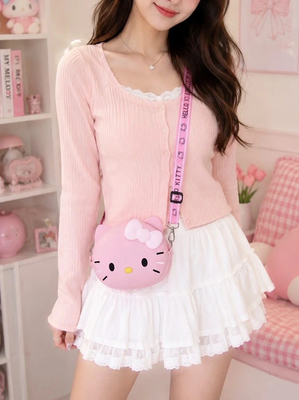 NIP Hello Kitty Pink Silicone Crossbody Bag Adjustable Logo Strap